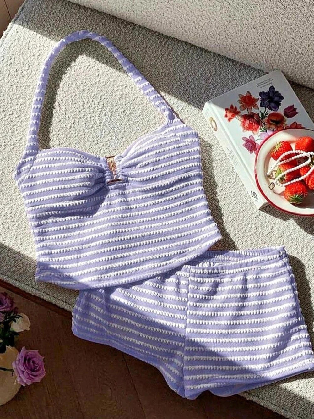 Striped Two-Piece Set in Purple & White Like New